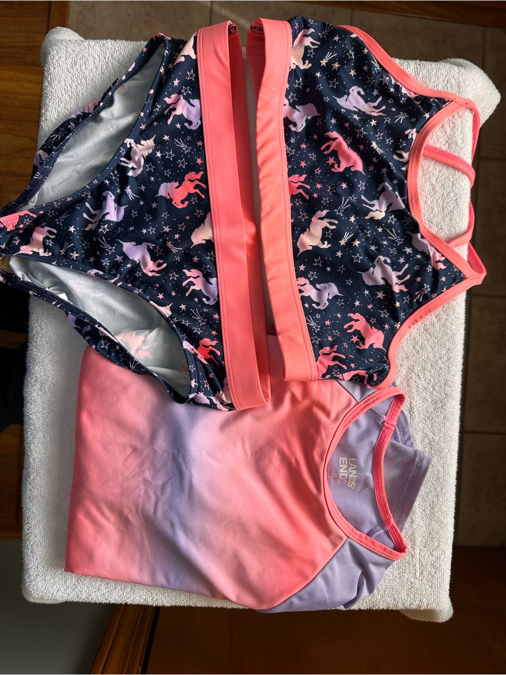Lands' End Girls' Navy Unicorn One-Piece with Coral & Lavender Ombre
